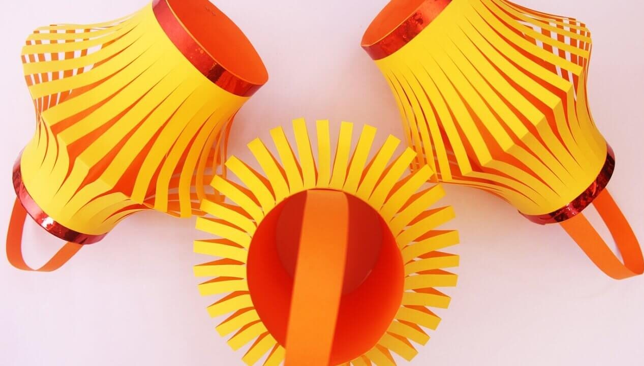 Awesome Diwali Lantern Decoration Craft Using Orange, Yellow Paper & Tape - Forming Paper Lanterns Quickly For Diwali & Christmas