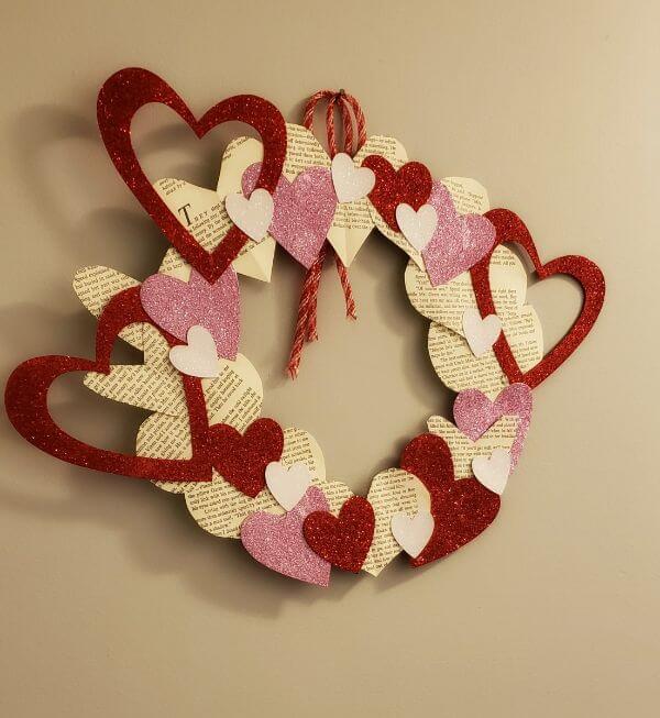Beautiful Valentine's Day Wreath Craft Made With Glitter Paper Heart Wreaths & Newspapers - Valentine's Day Garland Inspiration