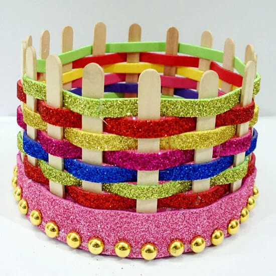 Best Out Of Waste Popsicle Stick Basket Craft With Glitter Sheets, Styrofoam, & Decorative Beads - Crafting a Basket out of Popsicle Sticks for Kids