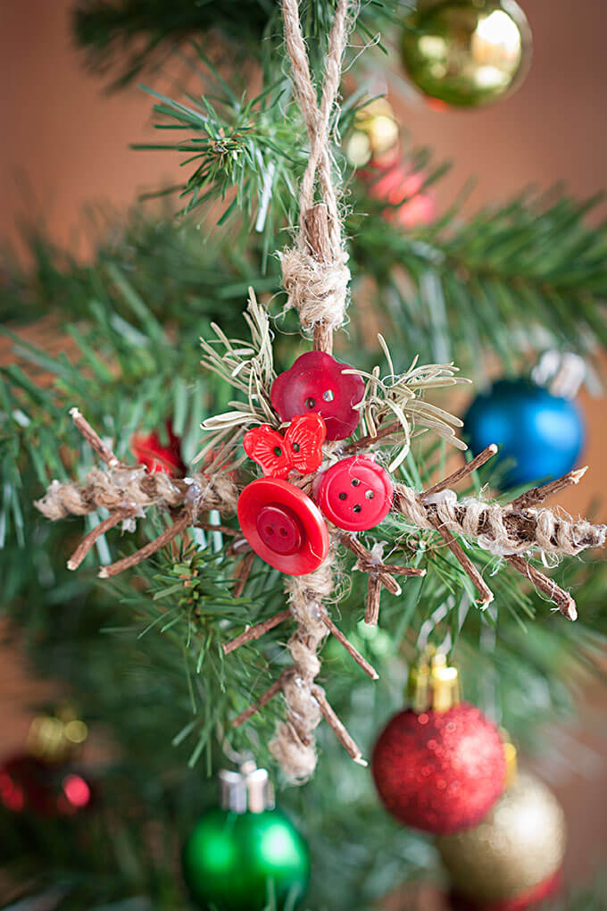 Budget Friendly Stick Ornament Craft With Buttons, Pine Needles, Tiny Pinecones & Twigs - Eco-friendly do-it-yourself holiday decorations