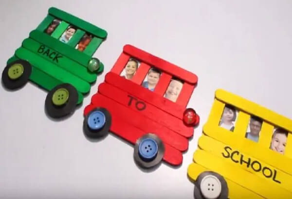 Colorful Back To School Bus Toy Craft With Photos Using Paper, Buttons & Crystals - Fabricating a Vehicle with Popsicle Sticks