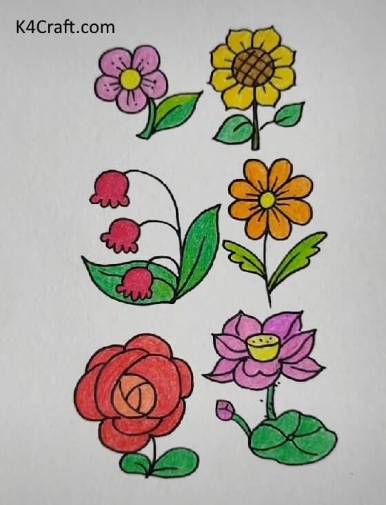 Colorful Flowers Drawing Idea For Kids To Make - Simple Artwork for Children - Flowers and Fauna