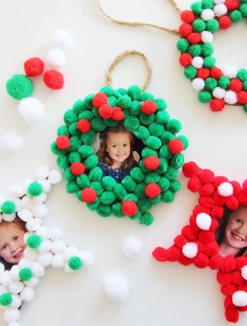 Colorful Pom-Pom Christmas Ornaments Craft With Photos Using Cardboard Cereal Box, & Twine - Easy Decorating Projects for the Young 