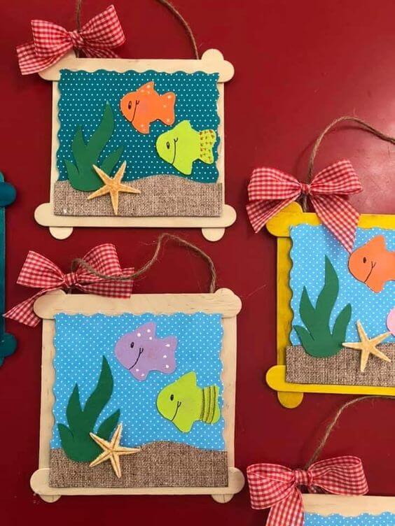 Creative Aquatic Scene Frame Craft With Popsicle Sticks, Papers & Ribbons - Crafting a Fish Replica Using Popsicle Sticks at Home