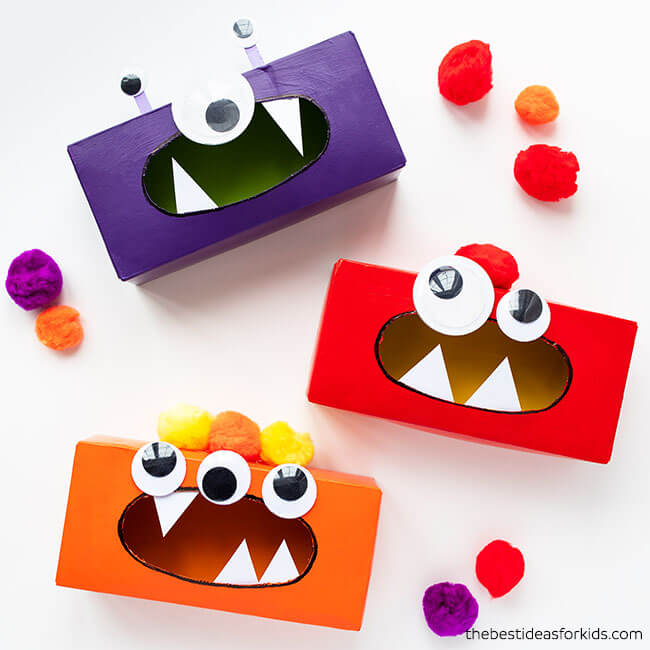 Cute Tissue Box Monsters Craft Project For Halloween Using Googly Eyes, Acrylic Paints & Pom Pom - Crafting with tissue boxes in the classroom.