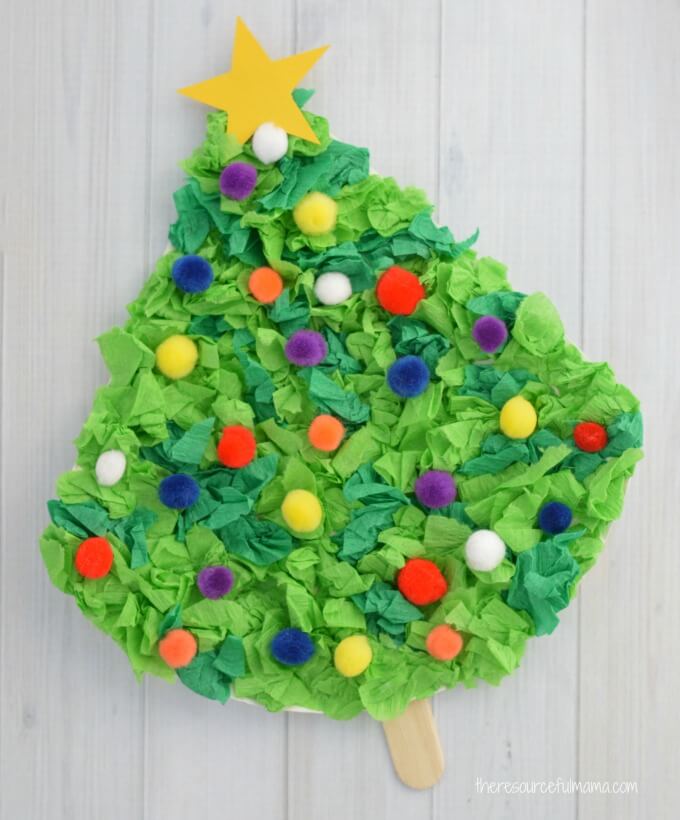 DIY Christmas Tree Decoration Craft With Crepe Paper, Mini Pom Pom, Popsicle Sticks & Paper Star - Ways to spruce up a classroom with crepe paper in 2023