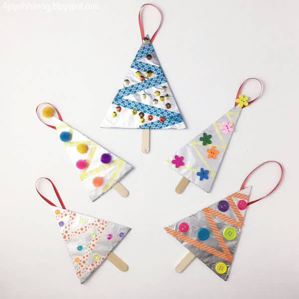 DIY Christmas Tree Ornament Craft Made With Aluminum Foil, Empty Cereal Box, Washi Tape, Sequins, Popsicle Sticks & Red Ribbon - Creative Projects for Children Using Tin Foil