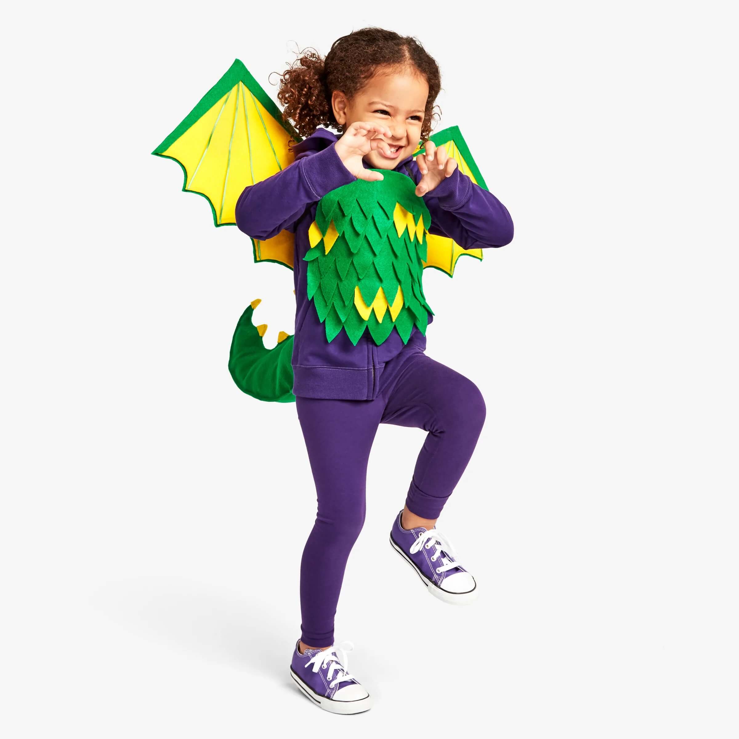 DIY Dragon Costume Made With Purple Outfit, Green, Yellow Felt, Green Ribbon, Cardboard, Elastic Band & Stuffing - Creating a Dragon Costume in the domestic setting 