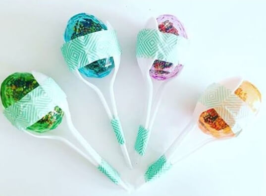 DIY Maracas Craft Made With Plastic Spoons, Washi Tape, Rainbow Rice & Surprise Eggs - Maracas for Kindergartners: Arts and Crafts Projects