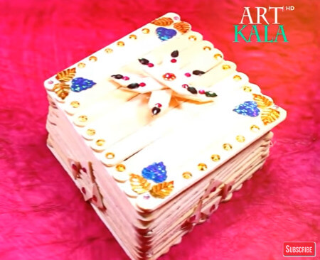 Easy Jewelry Box Craft Made With Popsicle Sticks, Kundan, Ribbon & Golden Thread - Crafting a Jewelry Box from Popsicle Sticks.