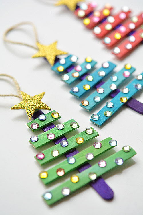 Easy To Make Glittering Popsicle Stick Christmas Tree Ornaments Craft For Home Decor - Making Decorative Charms for Kids 