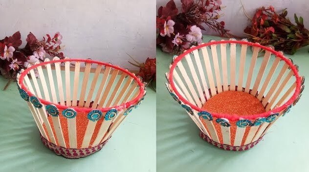 Easy to Make Popsicle Stick Flower Basket Craft For Home Decor - Fun Popsicle Stick Basket Projects for Kids