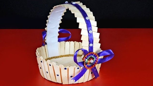 Easy Way to Make Popsicle Stick Basket Craft Using Construction Paper, Decorative Lace, Beads & Ribbon - Ideas for Crafting a Basket with Popsicle Sticks for Kids
