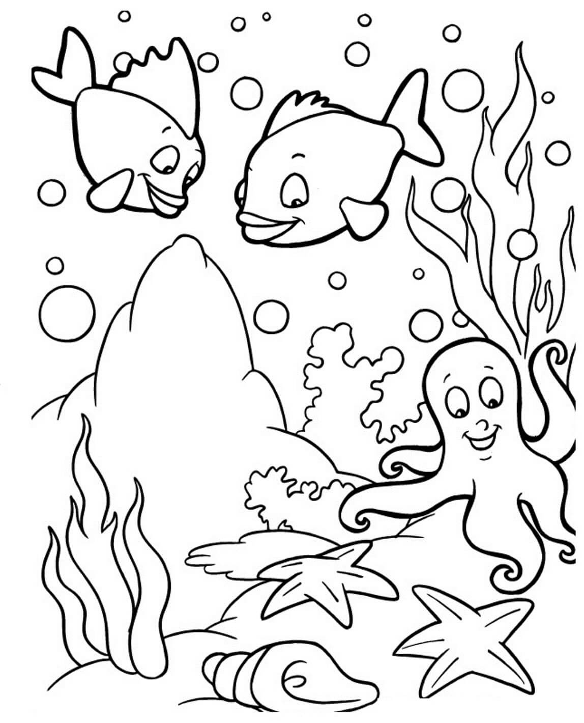Fish, Octopus, StarFish & Sea Plants - Sea Animals Coloring Printables For Kids - Animal illustrations for kids to complete with colour