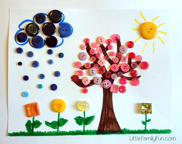 Fun Spring Button Decoration Craft On Paper For Kids - Exploring Buttons for Wall Accents