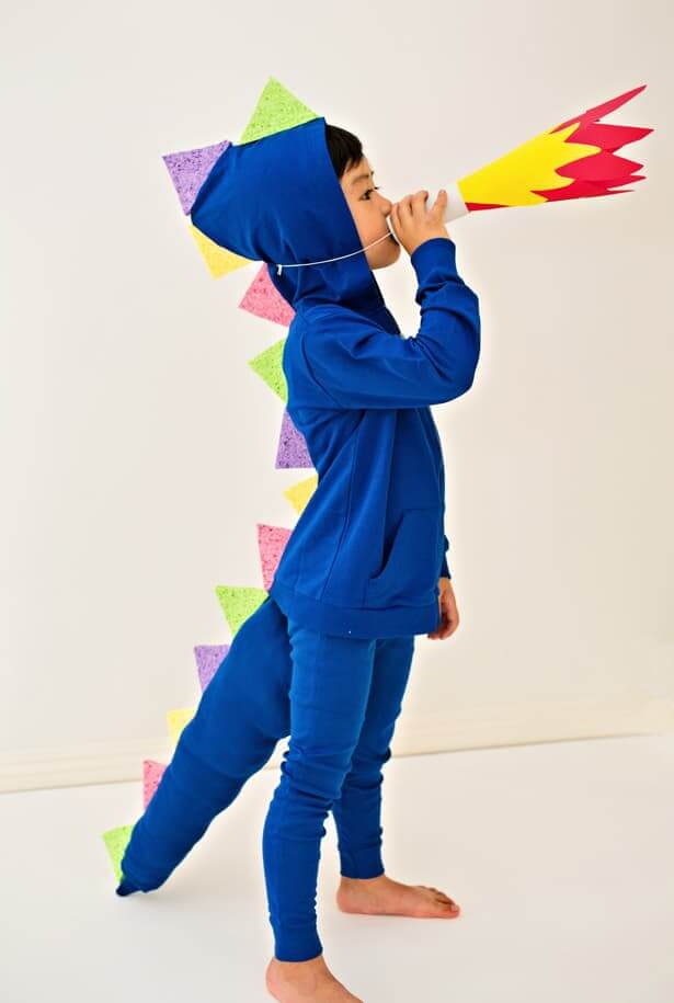 Handmade Dragon Costume With Dragon Fire Using Blue Hoodie, Blue Pants, Colorful Sponges, Toilet Paper Tube, Elastic, & Red, Yellow Paper - Learn to construct a Dragon Costume in the comfort of your own home 