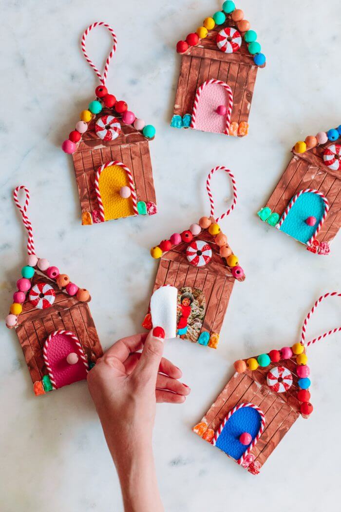 Handmade Gingerbread House Ornament Craft Made With Popsicle Sticks - Sustainable DIY Christmas adornments