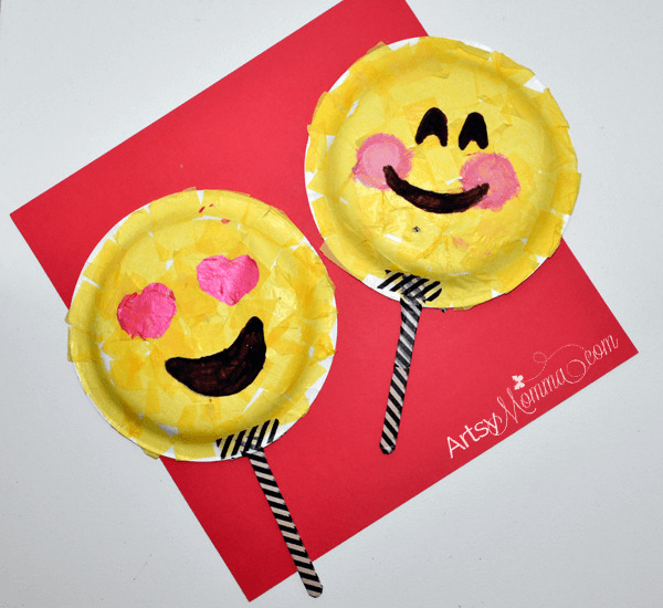 Handmade Heart Eyes & Blush Emoji Craft With Paper Plates, Yellow Tissue Papers, Popsicle Sticks, & Washi Tape - Paper Plates and Emoji Decorating for Children