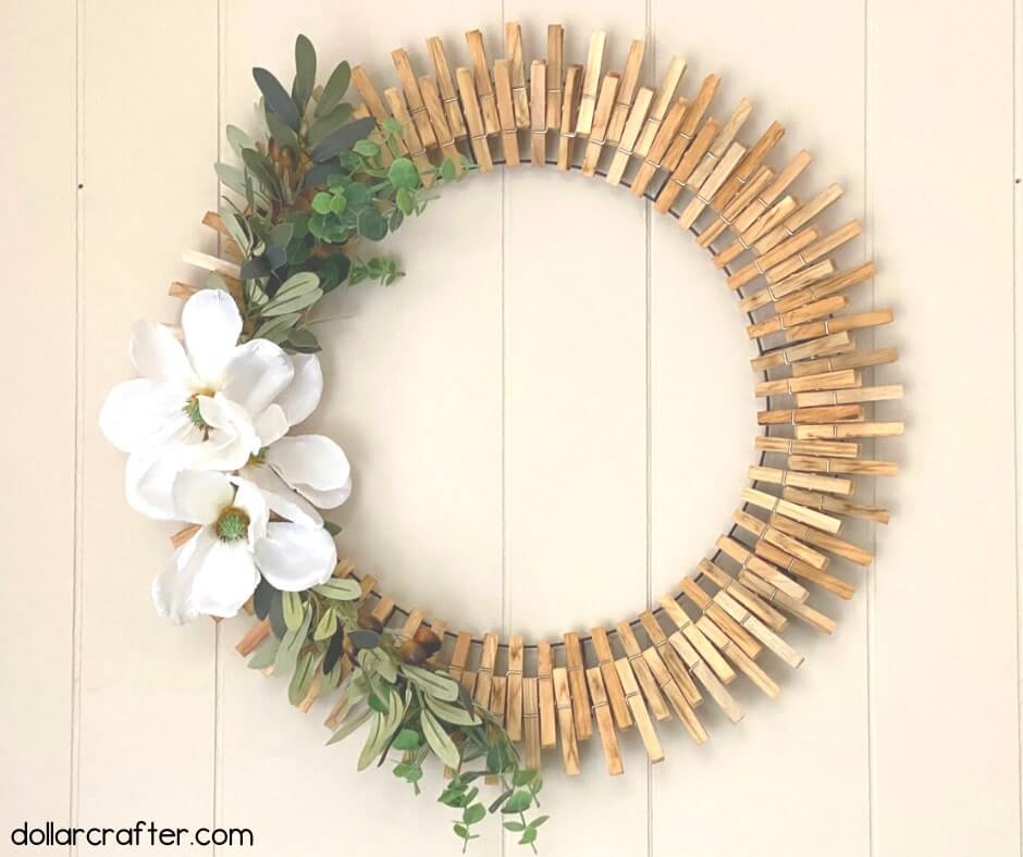 Handmade Magnolia Wreath Decoration Craft Using Clothespins, Flowers, Eucalyptus Bushel & Wire - Easy Clothespin Decorations - Get Creative