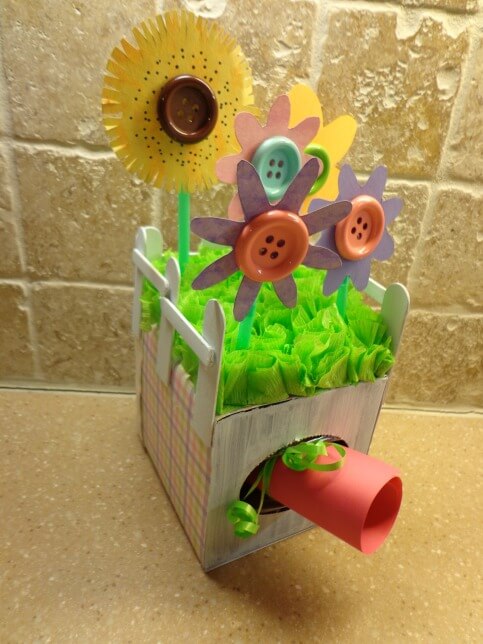 Handmade Tissue Box Garden Craft Project For School Using Buttons, Straws, & Crepe Tissue Paper - Classroom Projects Using Tissue Boxes 