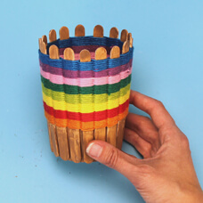 Handmade Woven Basket Pattern Craft Project Using Paper Cup, & Acrylic Paint - Crafting a Container Out of Popsicle Sticks for Children 