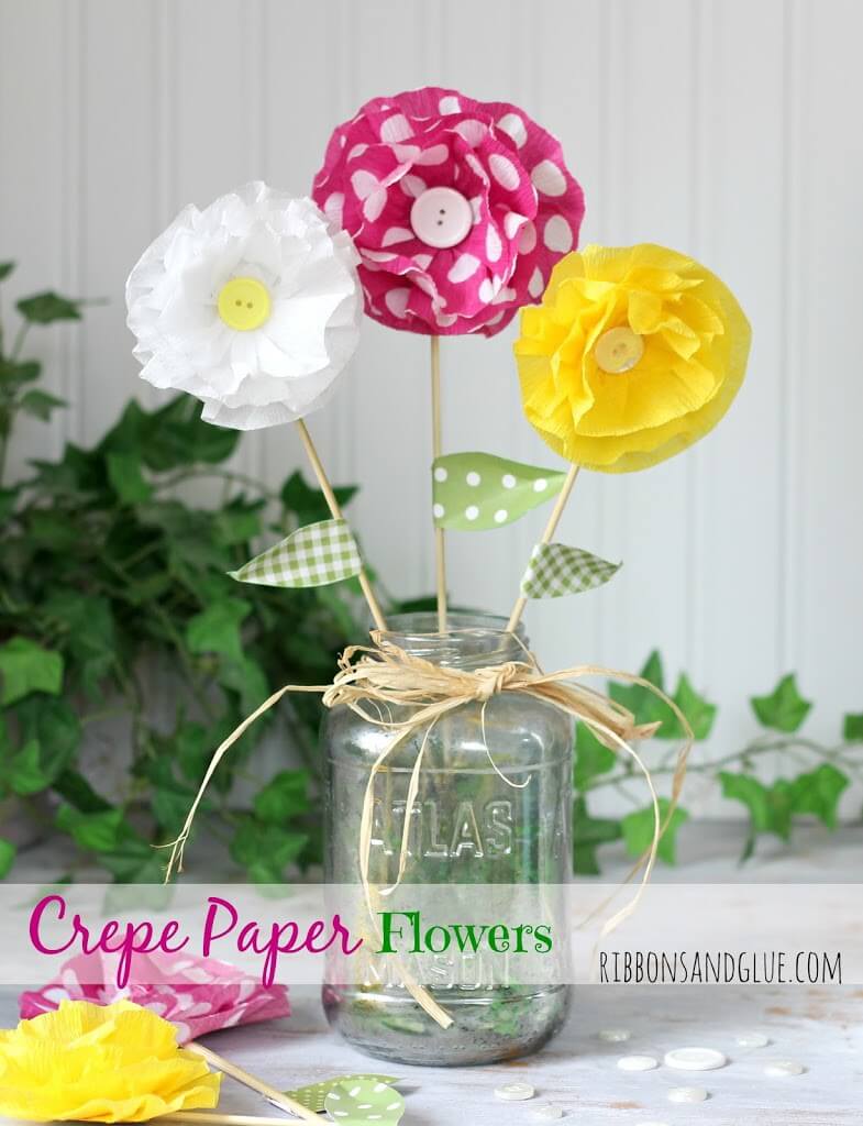 Homemade Crepe Paper Flower Decoration Craft Project For Classroom Using Bamboo Skewers & Buttons - Ways to utilize crepe paper to decorate a classroom in 2023