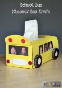 How To Make School Bus Using Kleenex Tissue Box, Plastic Lids & Construction Paper