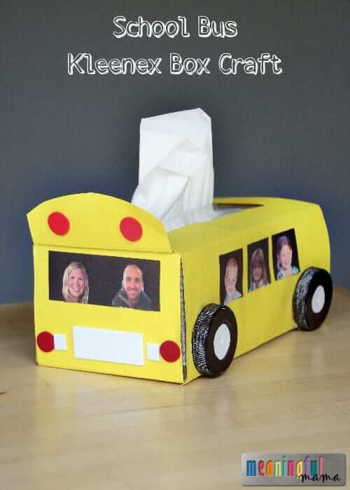 How To Make School Bus Using Kleenex Tissue Box, Plastic Lids & Construction Paper - Creating art with tissue boxes for the class.