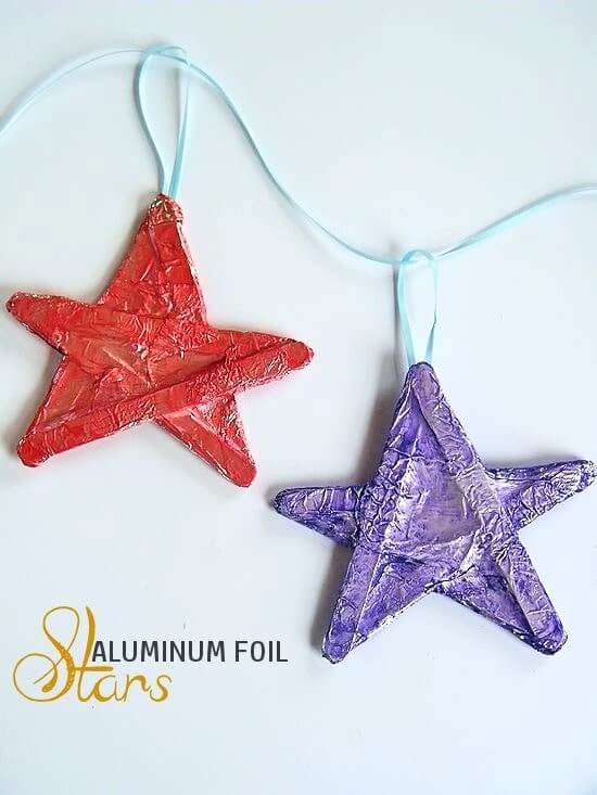 Last Minute Popsicle Sticks Star Decoration Craft Ideas Using Aluminum Foils - Applying Aluminum Foil to Make Creative Projects for Kids