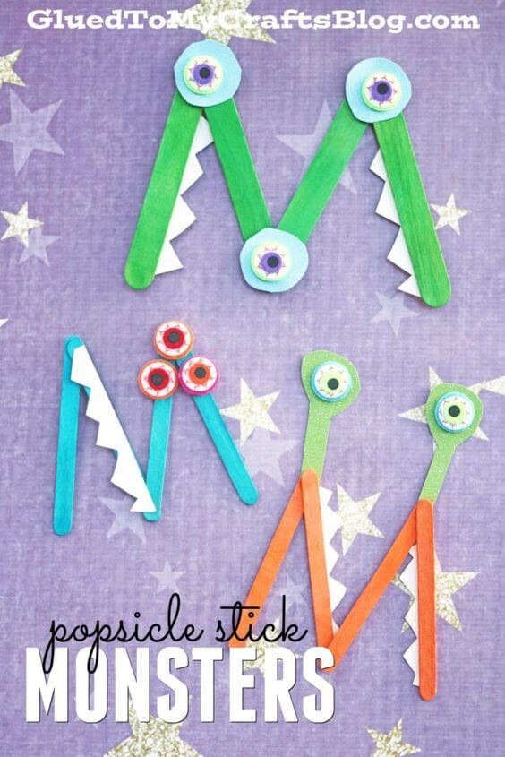 M is For Monster Crafts With Popsicle Sticks, Paint Brushes, Cardstock Paper, & Wiggle Eyes - Monster Making with Popsicle Sticks: Pleasant Stick Toys