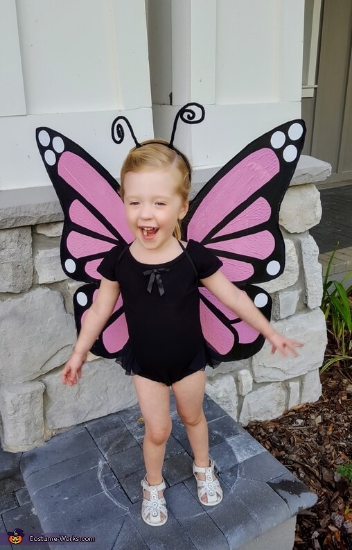 Make Pink Monarch Butterfly Costume With Cardboard, Ribbon, Fabric, Glue, Black Spray Paint, Styrofoam, And Elastic - Crafting Do-It-Yourself Butterfly Costumes for Kids