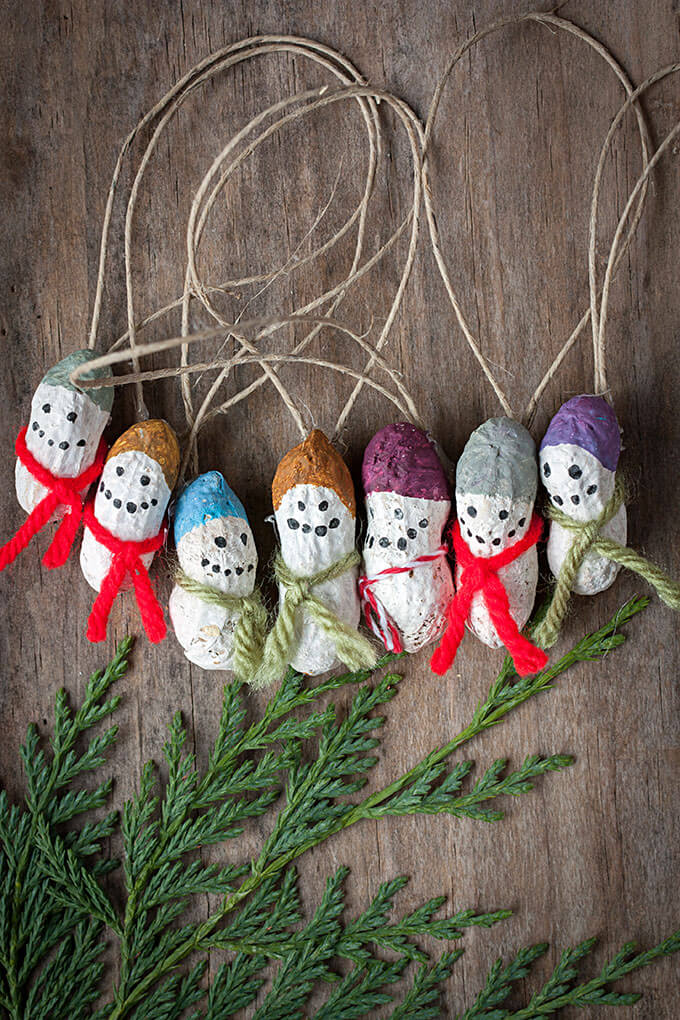 Peanut Snowmen Ornaments Craft With Yarn, Acrylic Paints, Twine & Markers - Eco-friendly homemade Christmas ornaments