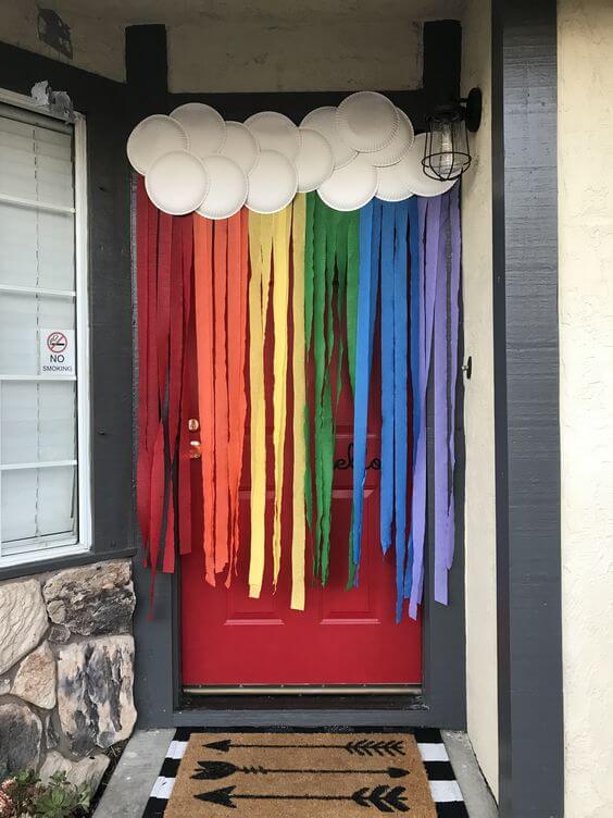 Rainbow Themed Classroom Door Decoration Idea Using Colorful Crepe Papers & Paper Plates - Ideas for making a classroom look nice with crepe paper in 2023