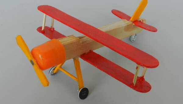 Recycled Aeroplane Toy Craft Made With Popsicle Sticks, Buttons, Nail Paint & Bottle Cap - Assembling an Automobile with Popsicle Sticks