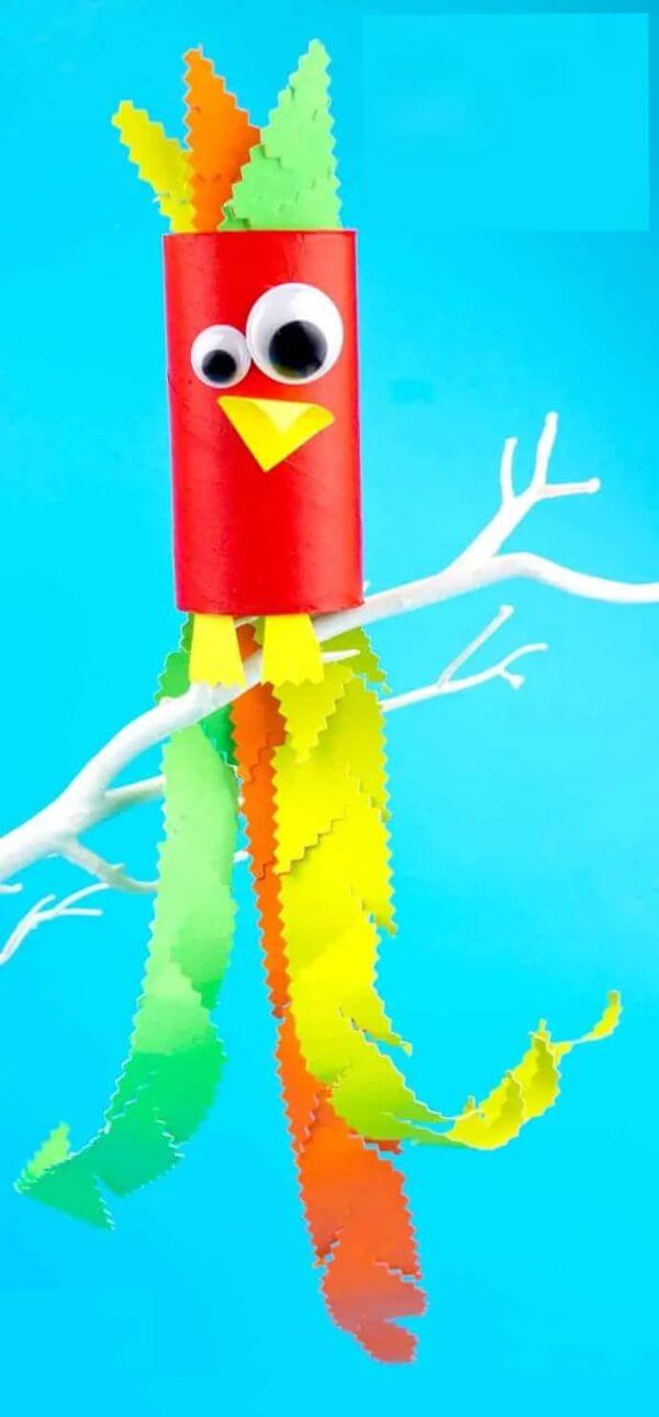 Recycled Cardboard Tube Parrot Craft Using Colorful Paper, Googly Eyes, & Sticky Tape - Constructing Parrot Artworks Using Cardboard