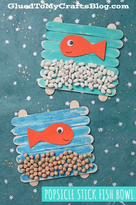 Recycled Popsicle Stick & Dried Beans Fish Bowl Craft Idea To Make At Home - Home-Made Fish Art Piece Using Popsicle Sticks