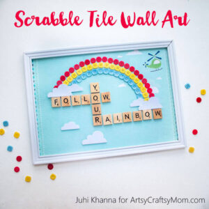 Recycled Rainbow Nursery Wall Art Using Scrabble Tiles, Patterned Paper, & Colorful Buttons