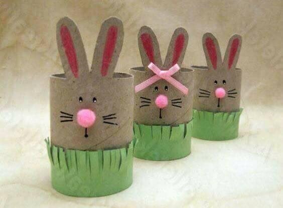 Recycled Tissue Paper Roll Rabbits Craft With Green Paper, Pom Pom, Ribbon & Markers - Fun Rabbit/Bunny Crafts To Do 