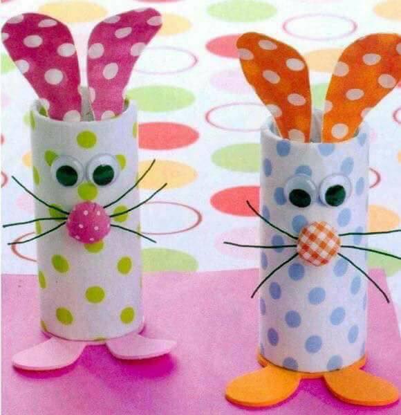 Reuse Cardboard Tube Rabbits Craft Idea Using Polka Dots Paper, Foam Feet & Googly Eyes - Easy Rabbit/Bunny Crafts to Try 