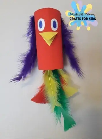 Simple Parrot Craft Made With Cardboard Tube, Feathers & White, Yellow Paper - Fabricating Parrot Art Using Cardboard