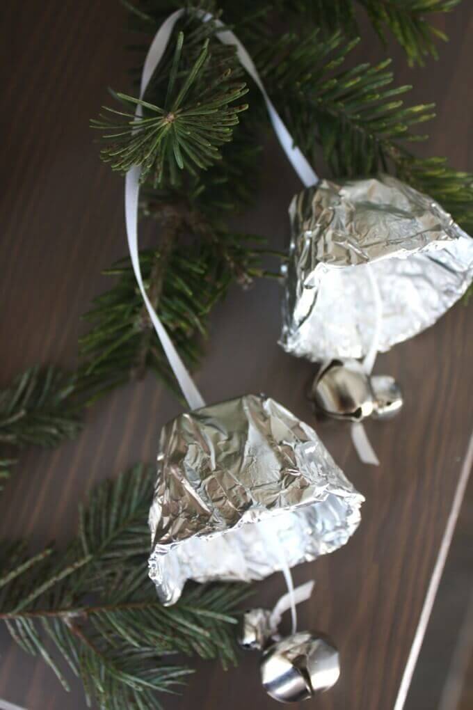 Simple Tin Foil Bell Ornament Decoration Craft For Christmas Tree Using Jingle Bells & Ribbon - Artistic Activities with Aluminum Foil for Kids