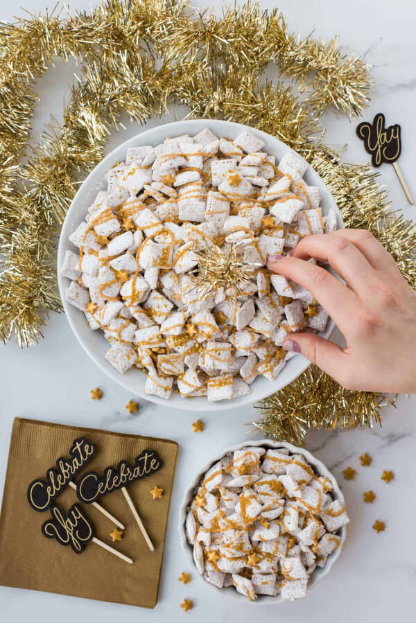 Simple To Make White Chocolate Puppy Chow Dessert Snacks With Gold Sprinkles & Gold Stars - Picking Sweet and Refreshing Recipes To Make With The Kids