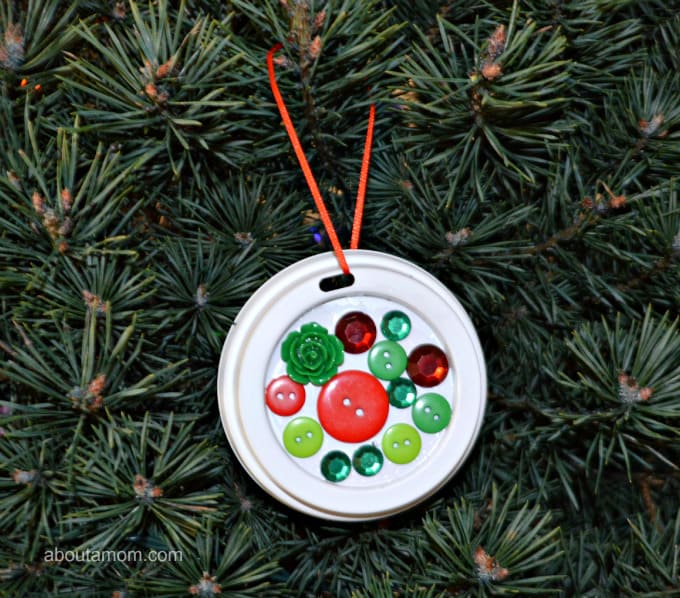 Upcycled Christmas Ornament Decoration Craft With Coffee Cup Lid, Buttons & Ribbon - Eco-friendly handmade Christmas ornaments