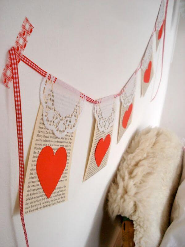 Very Simple Valentine's Day Banner Craft Made With Ribbon, Newspaper, Paper Heart & Doilies Paper - Ways to Celebrate Valentine's Day with a Garland