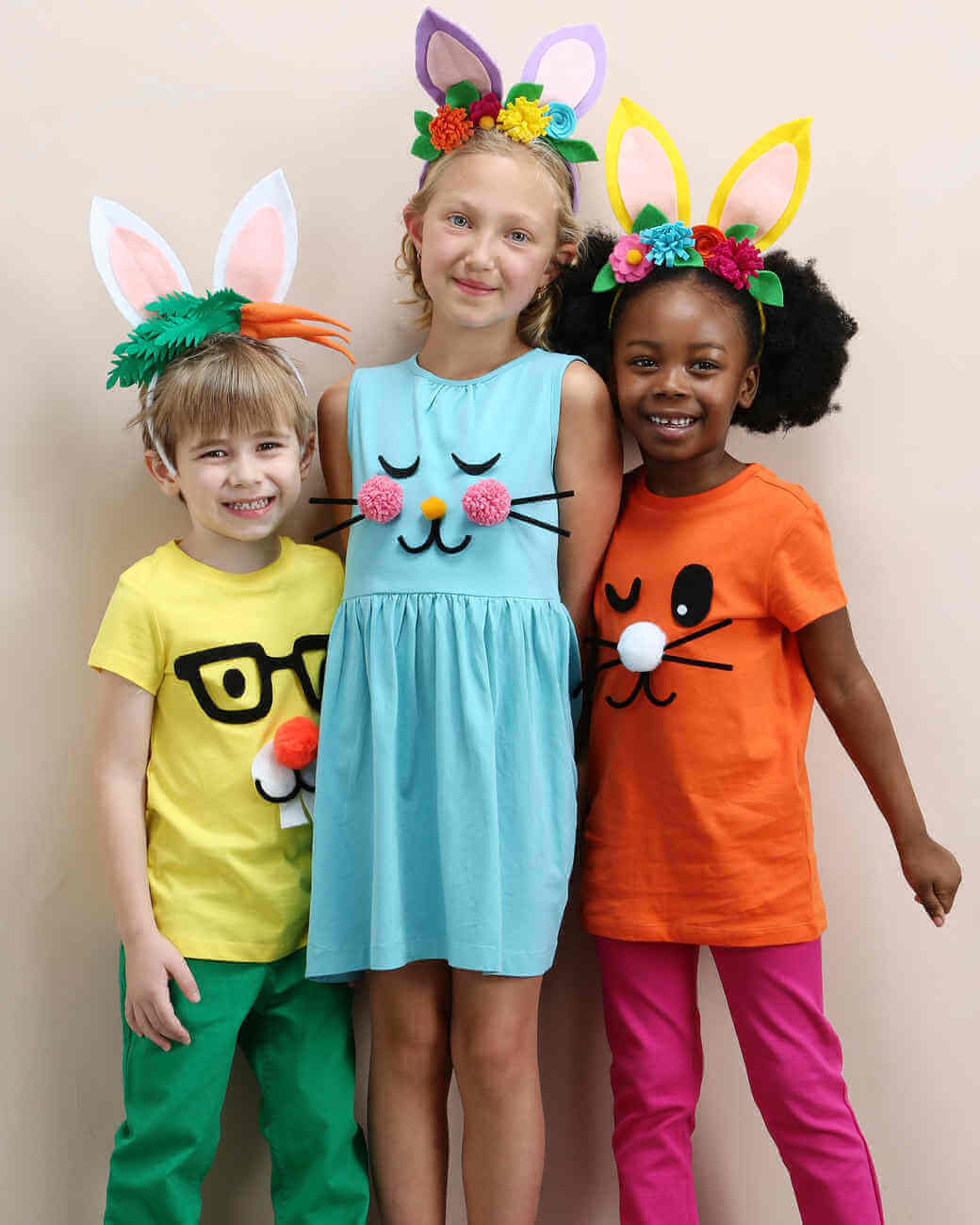 DIY Easter Bunny Outfits Using Shirts, Pom Pom, Pipe Cleaner Whiskers, & Winking Eyes - Easter Outfit Suggestions for Children of All Ages 