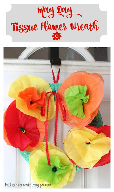 DIY Tissue Paper Flower Wreath Decoration Craft For May Day Using Paper Plate, Green Pipe Cleaners & Red Ribbons-Creative Pursuits for Kids on May Day