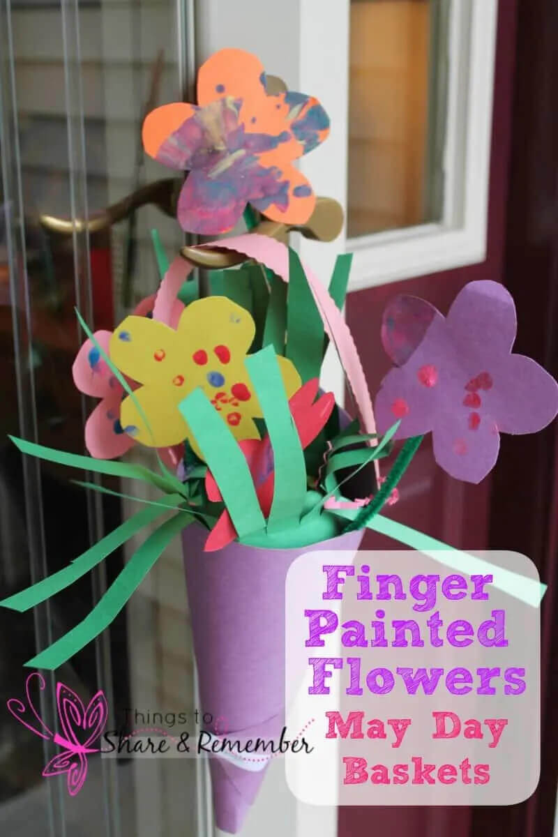 Easy Finger Painted Flowers Basket Art & Craft Idea For May Day Celebration-Fun arts and crafts for children on May 1st