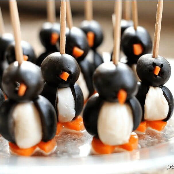 Fun to Make Olive Penguins Recipe Made With Black olives, Mozzarella balls, and Carrots-Ways to Make Food Look Extra Special for Special Events