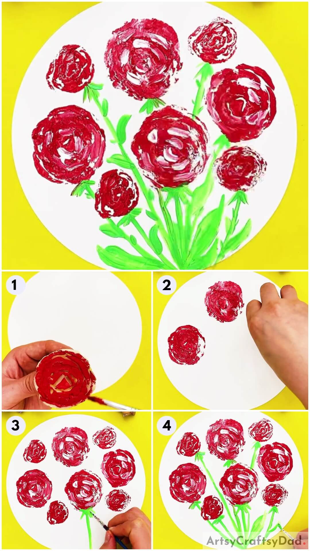 Cabbage Stamp Roses Painting Idea For Kids