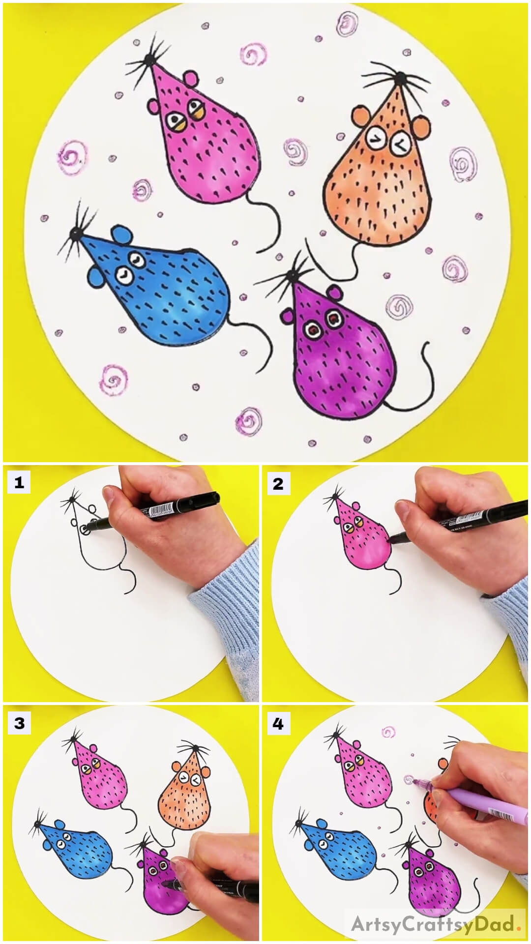 Colorful Mice Drawing Tutorial For Kids